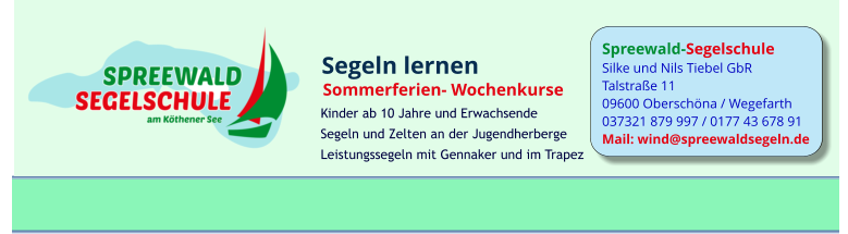 Spreewald-Segelschule Silke und Nils Tiebel GbR Talstraße 11 09600 Oberschöna / Wegefarth 037321 879 997 / 0177 43 678 91 Mail: wind@spreewaldsegeln.de Segeln lernen Sommerferien- Wochenkurse  Kinder ab 10 Jahre und Erwachsende Segeln und Zelten an der Jugendherberge Leistungssegeln mit Gennaker und im Trapez